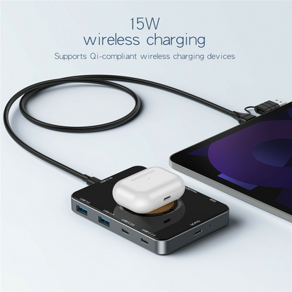 Hub USB-C con Carga Inalámbrica QI OEM YC7209, 10en1, Gris
