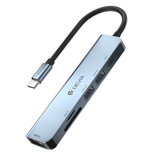 Concentrador USB-C DEVIA EC135, 3 x USB-A 3.0 - 1 x USB-C - 1 x SD - 1 x microSD, Gris