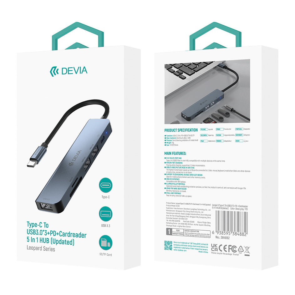 Concentrador USB-C DEVIA EC135, 3 x USB-A 3.0 - 1 x USB-C - 1 x SD - 1 x microSD, Gris