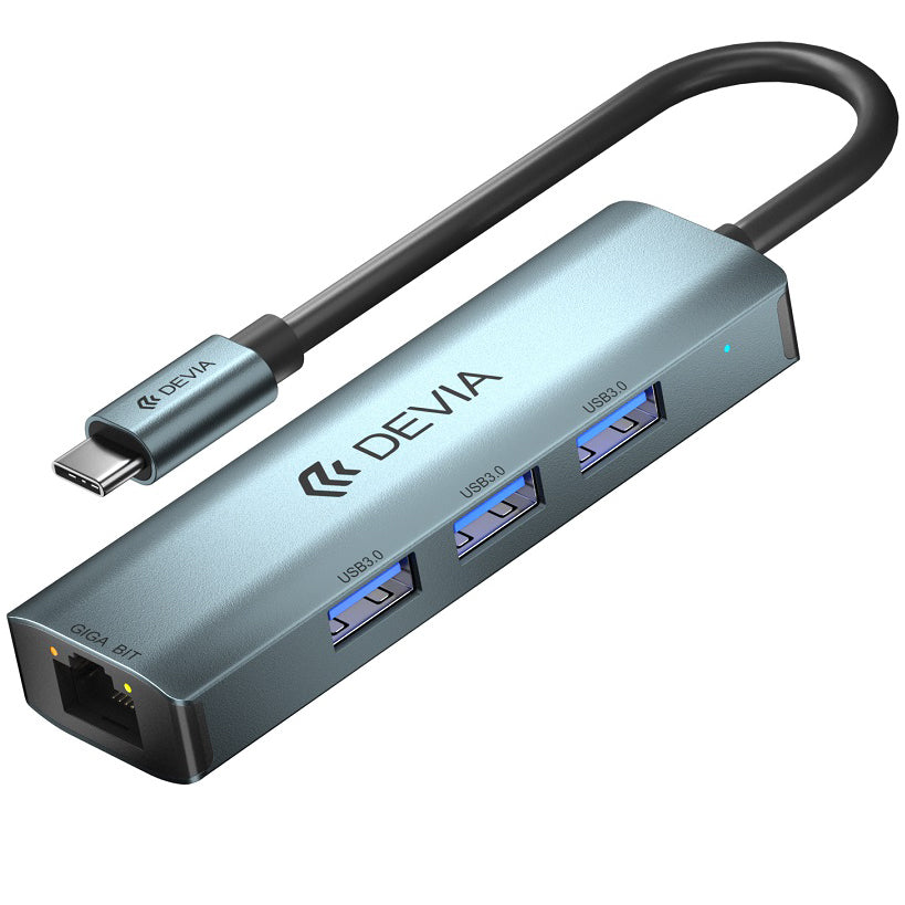 Hub USB-C DEVIA EC621, 3 x USB-A 3.0 - 1 x RJ45, Gris
