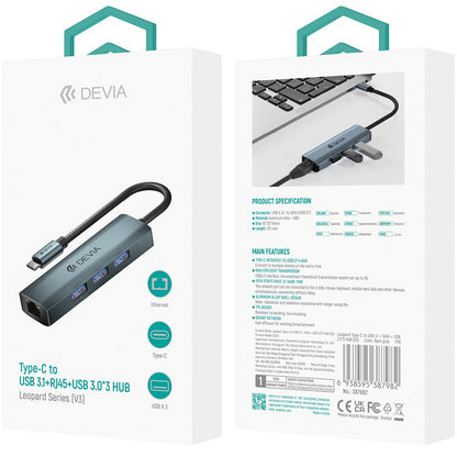 Hub USB-C DEVIA EC621, 3 x USB-A 3.0 - 1 x RJ45, Gris