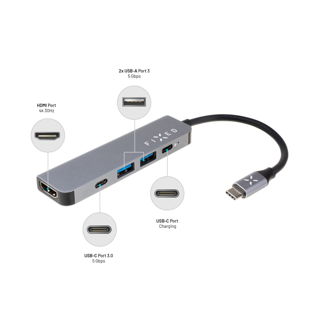 Hub USB-C Fixed, 4 en 1, Gris