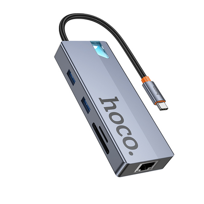 Hub USB-C HOCO HB52, 2 x USB-A 3.0 - 2 x USB-C - 1 x HDMI - 1 x RJ45 - 1 x SD - 1 x microSD, Gris