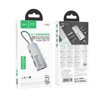 Hub USB-C HOCO HB52, 2 x USB-A 3.0 - 2 x USB-C - 1 x HDMI - 1 x RJ45 - 1 x SD - 1 x microSD, Gris