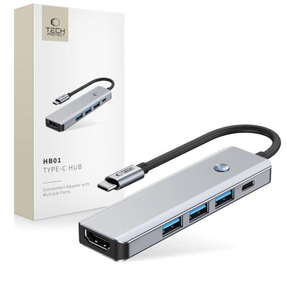 Hub USB-C Tech-Protect HB01, 1 x USB-A 3.0 - 2 x USB-A - 1 x USB-C - 1 x HDMI, Gris