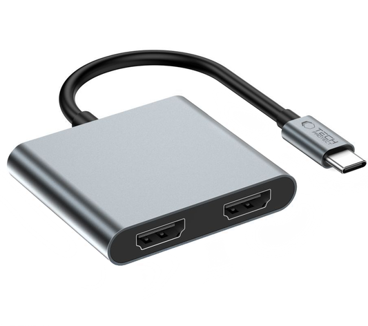 Tech-Protect HB08 USB-C Hub, 1 x USB-A - 1 x USB-C - 2 x HDMI, Gray