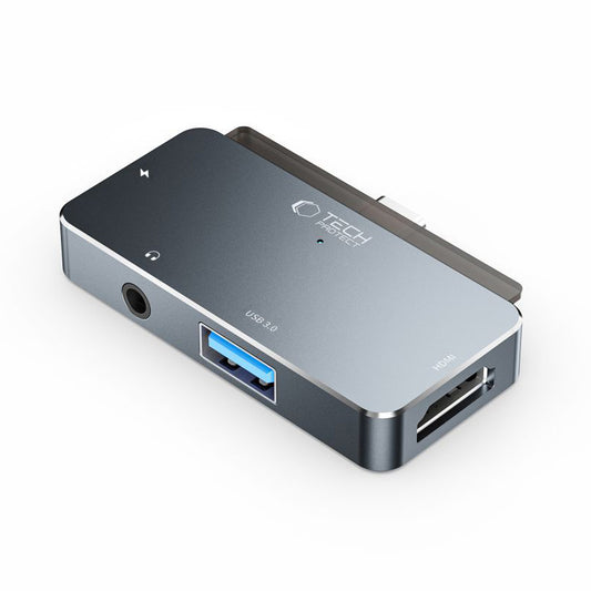 USB-C Hub Tech-Protect V6, 1 x USB-A - 1 x USB-C - 1 x HDMI - 1 x conector de 3,5 mm, Gris