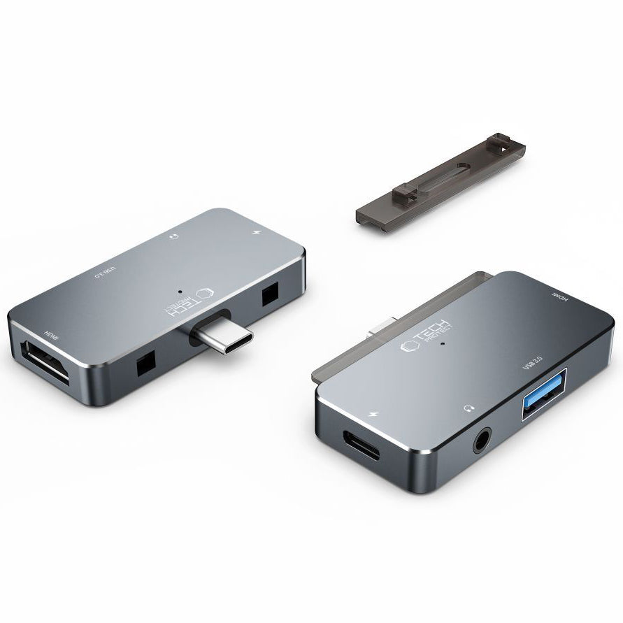 USB-C Hub Tech-Protect V6, 1 x USB-A - 1 x USB-C - 1 x HDMI - 1 x conector de 3,5 mm, Gris 