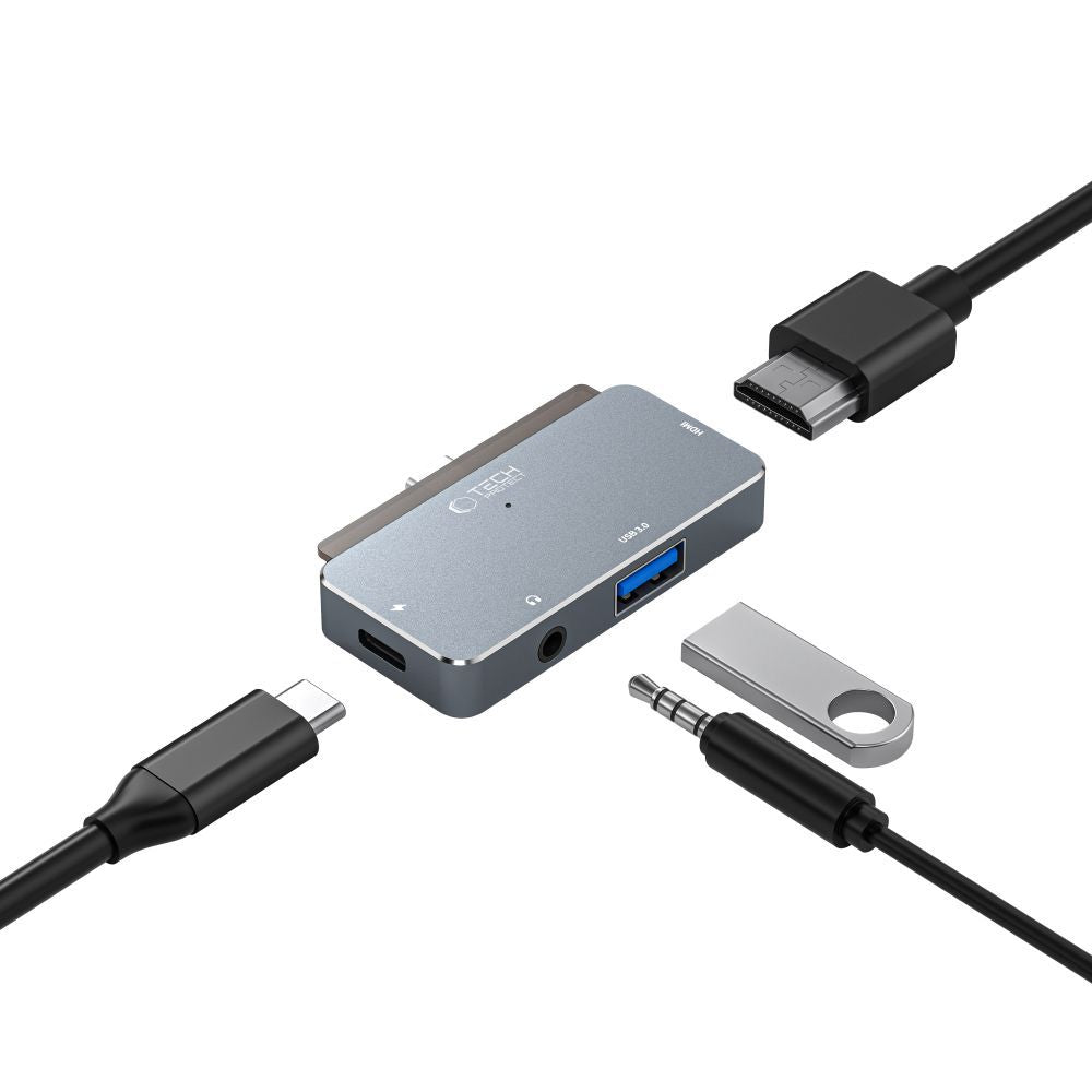 USB-C Hub Tech-Protect V6, 1 x USB-A - 1 x USB-C - 1 x HDMI - 1 x conector de 3,5 mm, Gris 