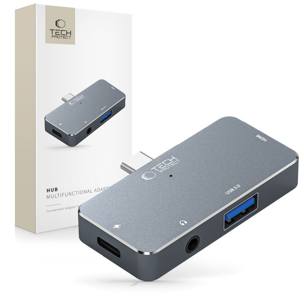 USB-C Hub Tech-Protect V6, 1 x USB-A - 1 x USB-C - 1 x HDMI - 1 x conector de 3,5 mm, Gris 