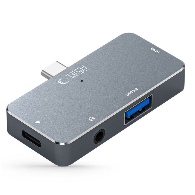 USB-C Hub Tech-Protect V6, 1 x USB-A - 1 x USB-C - 1 x HDMI - 1 x conector de 3,5 mm, Gris 