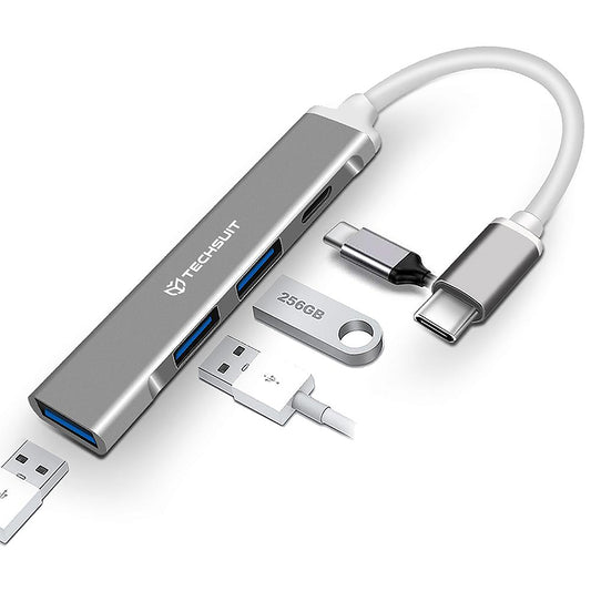 Hub USB-C Techsuit H18 PolarisBridge, 4en1, Gris Blanco