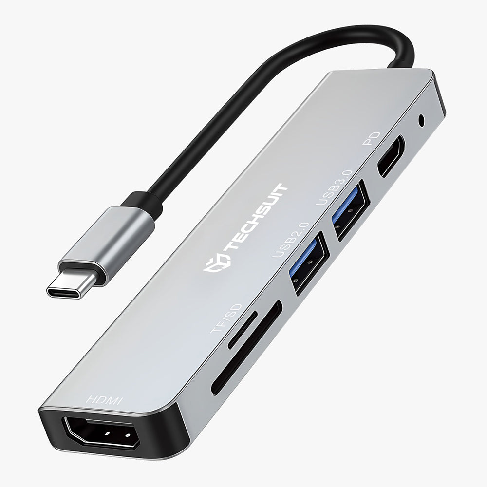 Hub USB-C Techsuit H5 TurboChargeX, 6 en 1, Gris