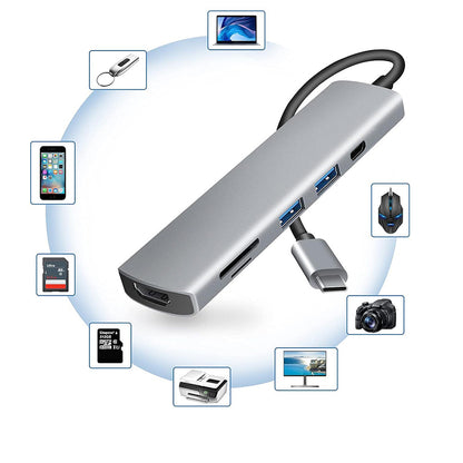 Hub USB-C Techsuit H5 TurboChargeX, 6 en 1, Gris