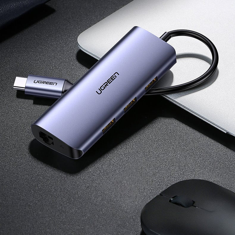 UGREEN CM252 USB-C Hub, 3 x USB-A 3.0 - 1 x USB-C - RJ45, Grey