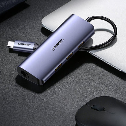 UGREEN CM252 USB-C Hub, 3 x USB-A 3.0 - 1 x USB-C - RJ45, Grey