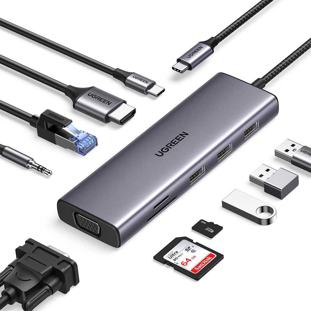 Hub USB-C UGREEN CM498 (15601), 3 x USB-A 3.0 - 1 x USB-C - 1 x HDMI - 1 x VGA - 1 x Jack 3.5mm - 1 x RJ45 - 1 x SD - 1 x microSD, Gris