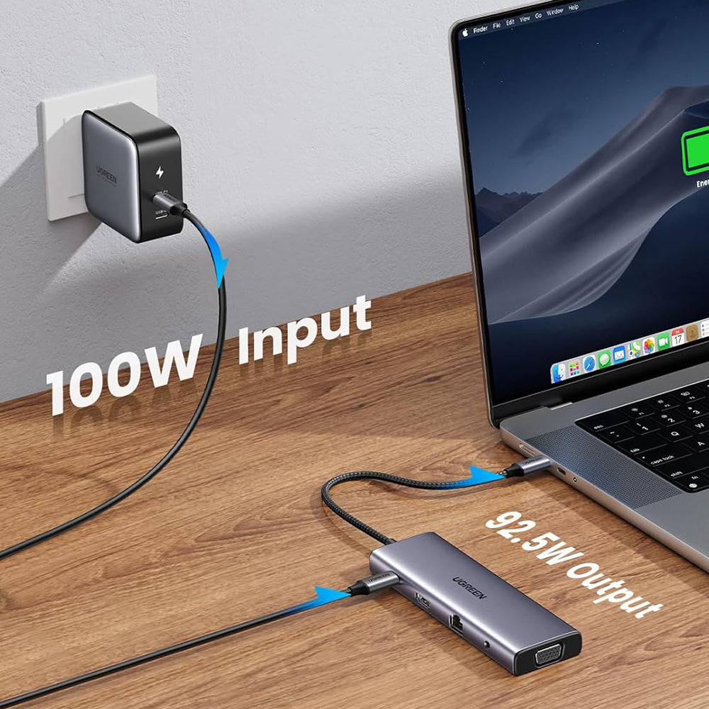 Hub USB-C UGREEN CM498 (15601), 3 x USB-A 3.0 - 1 x USB-C - 1 x HDMI - 1 x VGA - 1 x Jack 3.5mm - 1 x RJ45 - 1 x SD - 1 x microSD, Gris