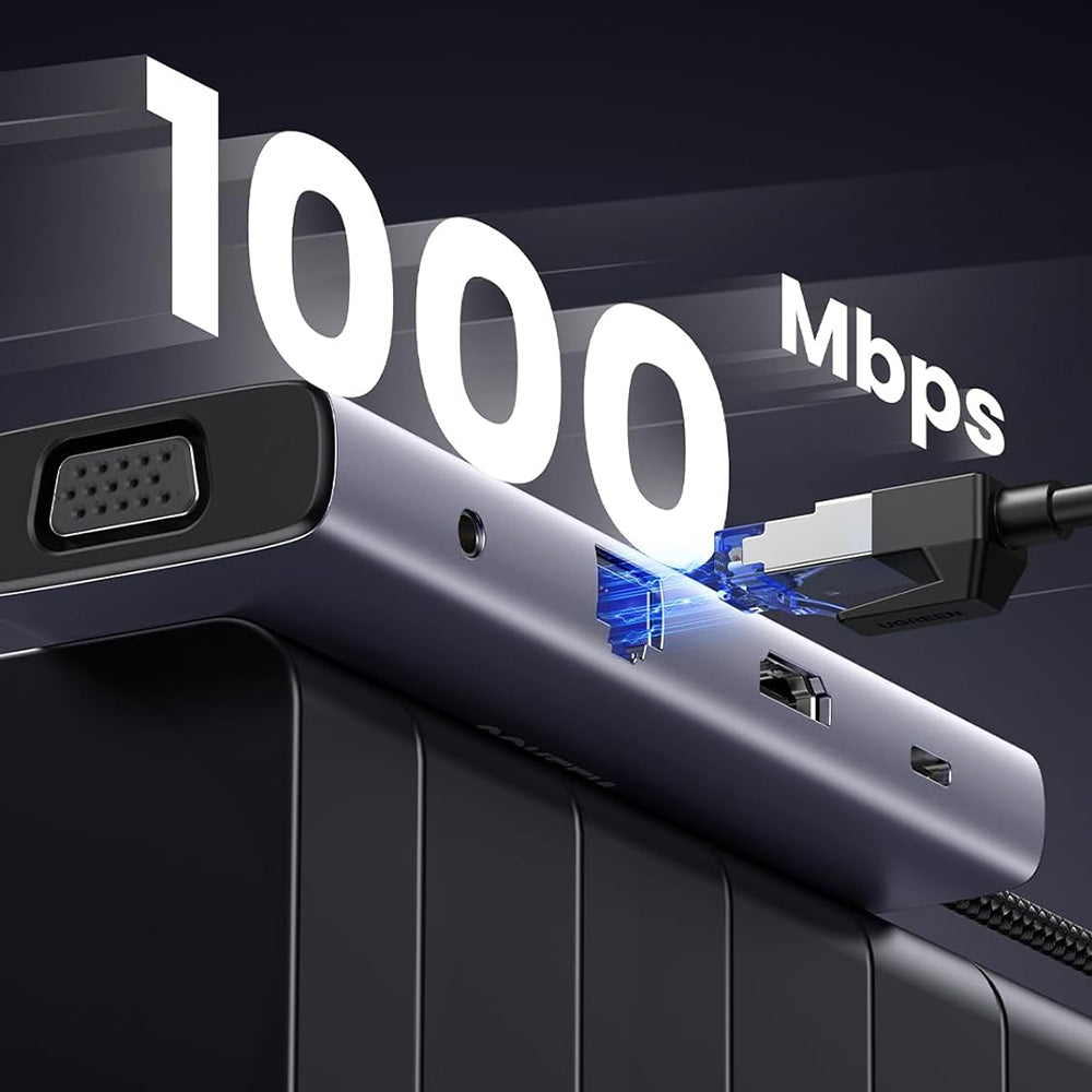 Hub USB-C UGREEN CM498 (15601), 3 x USB-A 3.0 - 1 x USB-C - 1 x HDMI - 1 x VGA - 1 x Jack 3.5mm - 1 x RJ45 - 1 x SD - 1 x microSD, Gris