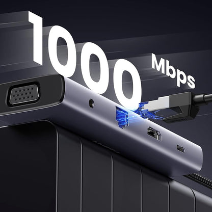Hub USB-C UGREEN CM498 (15601), 3 x USB-A 3.0 - 1 x USB-C - 1 x HDMI - 1 x VGA - 1 x Jack 3.5mm - 1 x RJ45 - 1 x SD - 1 x microSD, Gris