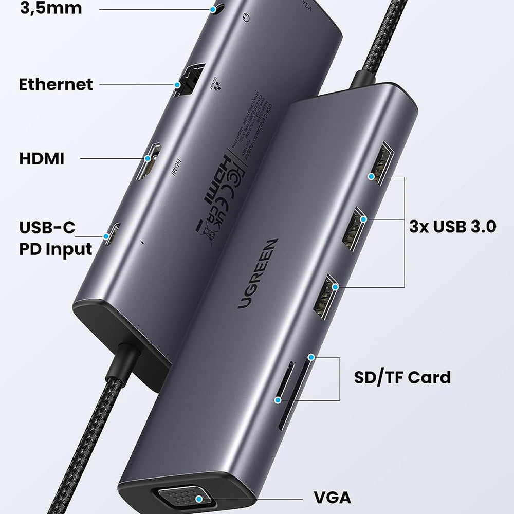 Hub USB-C UGREEN CM498 (15601), 3 x USB-A 3.0 - 1 x USB-C - 1 x HDMI - 1 x VGA - 1 x Jack 3.5mm - 1 x RJ45 - 1 x SD - 1 x microSD, Gris
