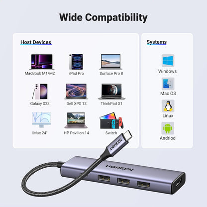 Hub USB-C UGREEN CM511, 3 x USB-A 3.0 - 1 x USB-C - 1 x HDMI, Gris