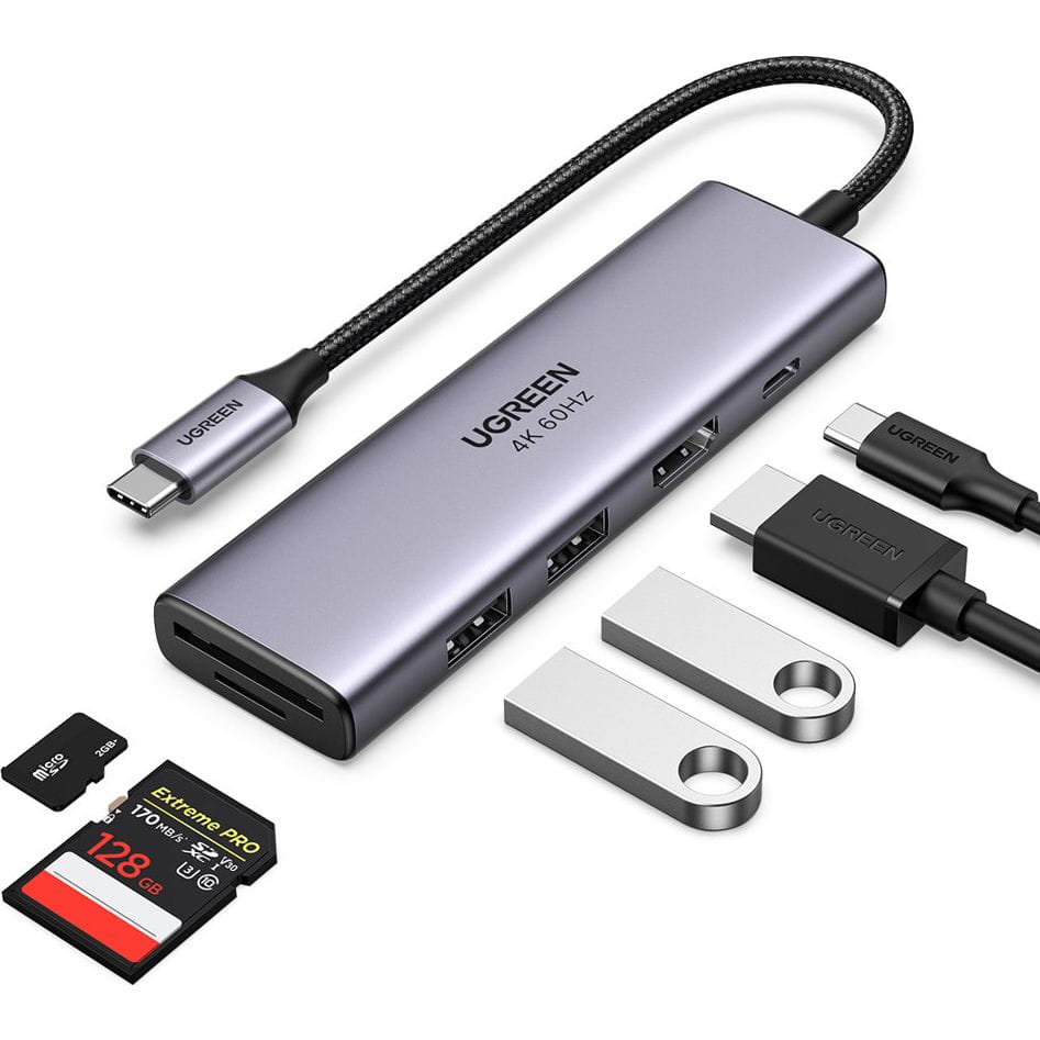 Hub USB-C UGREEN CM511 (60384), 2 x USB-A 3.0 - 1 x USB-C - 1 x HDMI - 1 x SD - 1 x microSD, Gris