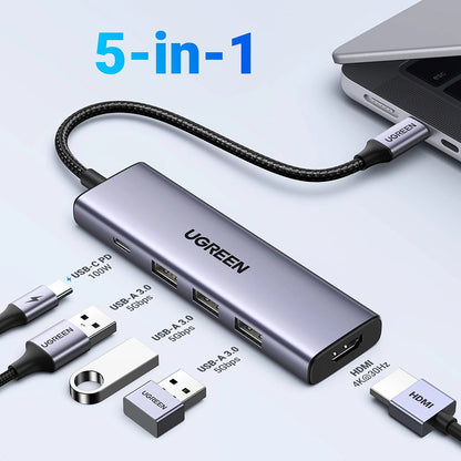 Hub USB-C UGREEN CM511 (15596), 3 x USB-A 3.0 - 1 x USB-C - 1 x HDMI, Gris