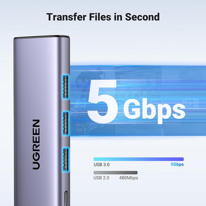 Hub USB-C UGREEN CM511, 3 x USB-A 3.0 - 1 x USB-C - 1 x HDMI, Gris