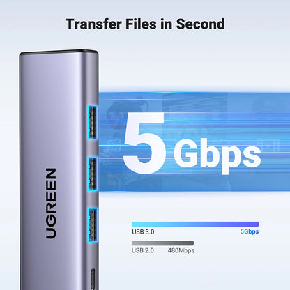 Hub USB-C UGREEN CM511 (15596), 3 x USB-A 3.0 - 1 x USB-C - 1 x HDMI, Gris