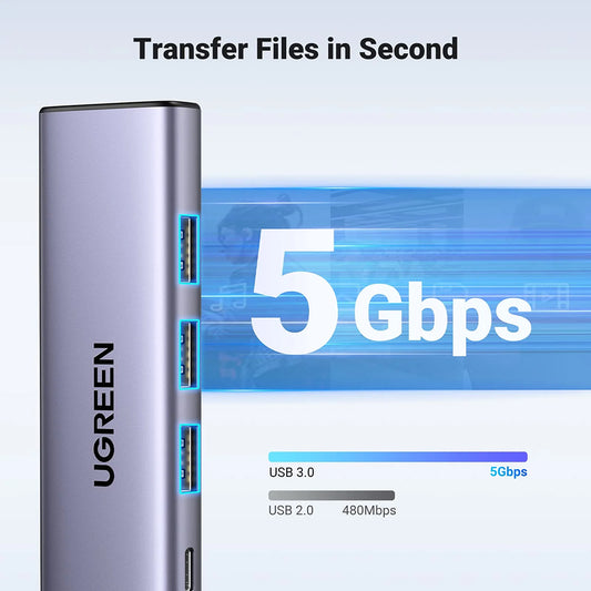 Hub USB-C UGREEN CM511 (15596), 3 x USB-A 3.0 - 1 x USB-C - 1 x HDMI, Gris