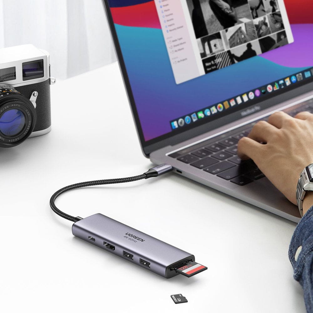 Hub USB-C UGREEN CM511 (60384), 2 x USB-A 3.0 - 1 x USB-C - 1 x HDMI - 1 x SD - 1 x microSD, Gris
