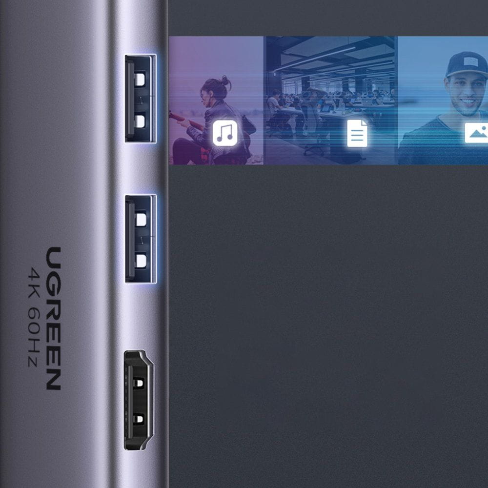 Hub USB-C UGREEN CM511 (60384), 2 x USB-A 3.0 - 1 x USB-C - 1 x HDMI - 1 x SD - 1 x microSD, Gris