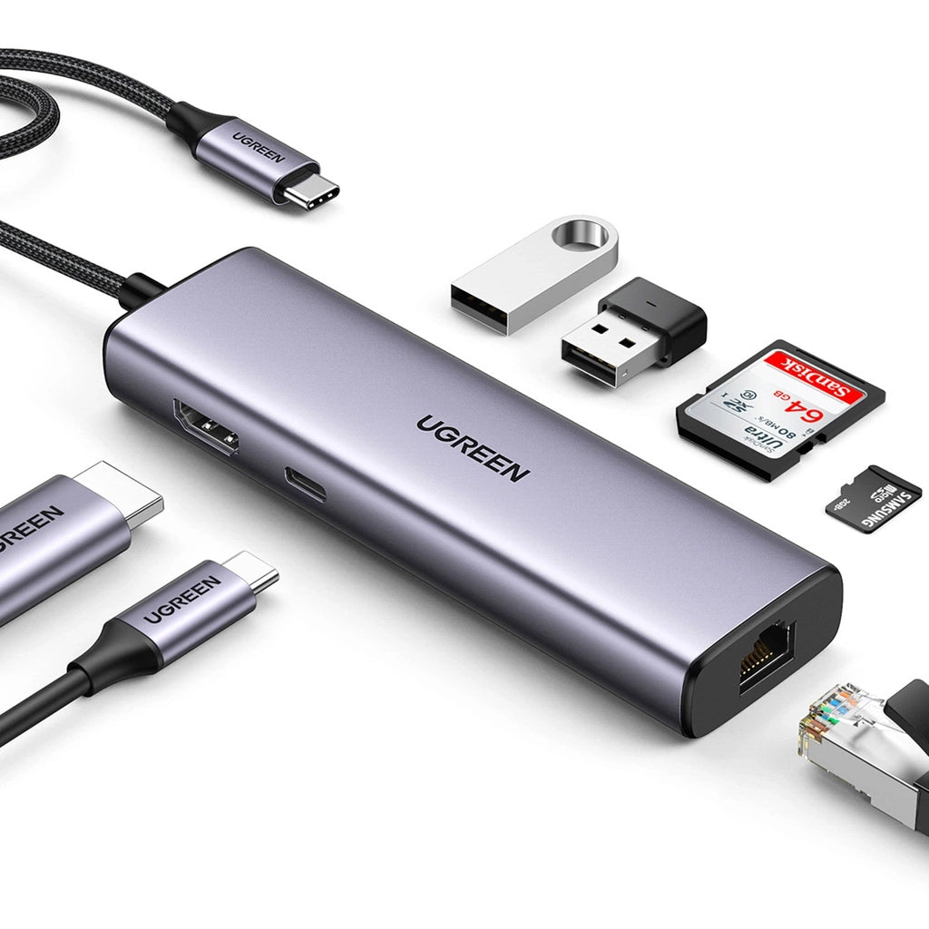 Hub USB-C UGREEN CM512, 2 x USB-A 3.0 - 1 x USB-C - 1 x HDMI - 1 x SD - 1 x microSD - RJ45, Gris