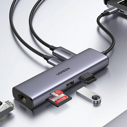 Hub USB-C UGREEN CM512, 2 x USB-A 3.0 - 1 x USB-C - 1 x HDMI - 1 x SD - 1 x microSD - RJ45, Gris