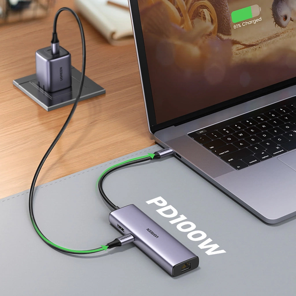 Hub USB-C UGREEN CM512, 2 x USB-A 3.0 - 1 x USB-C - 1 x HDMI - 1 x SD - 1 x microSD - RJ45, Gris