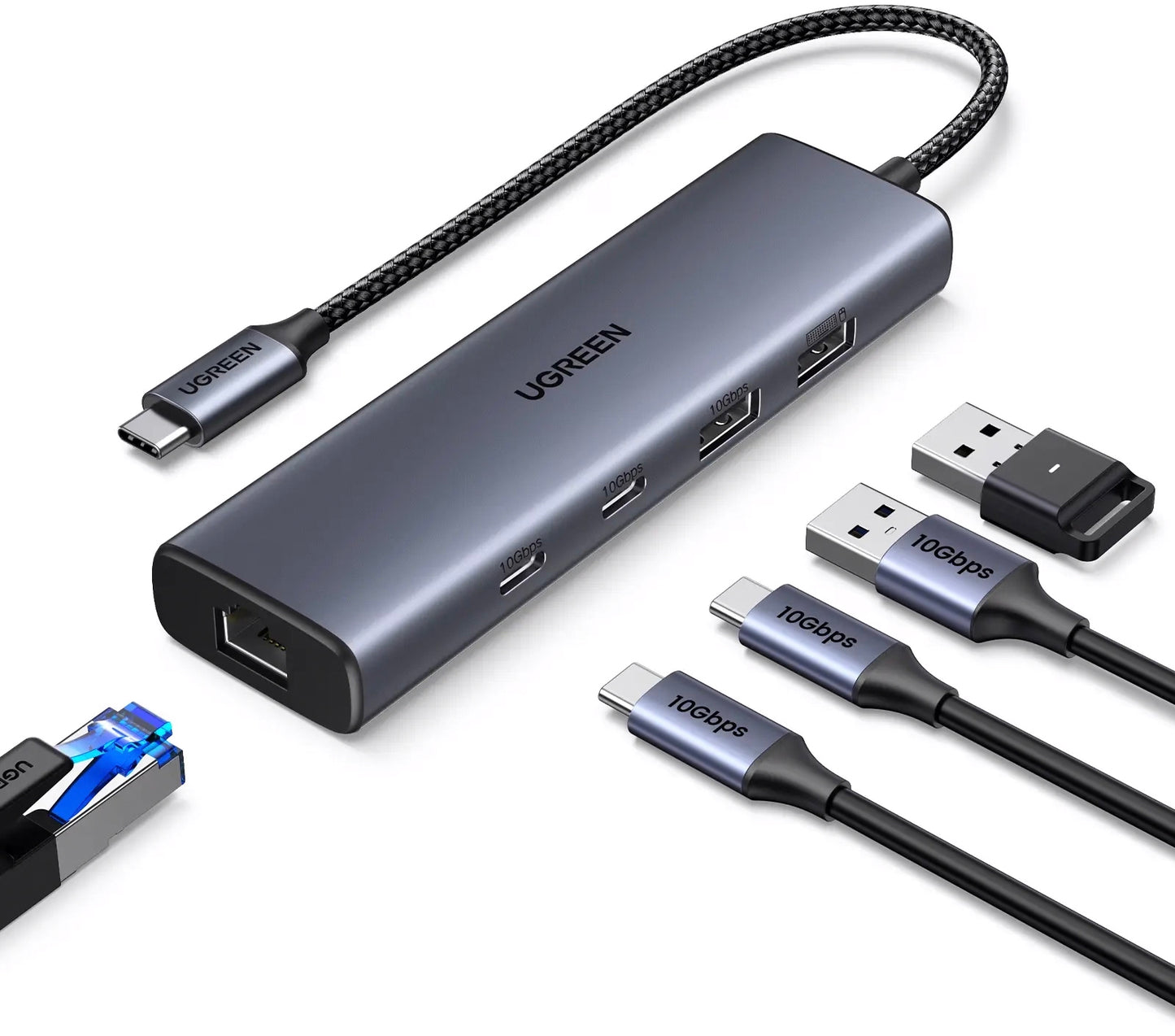 Hub USB-C UGREEN CM512, 1 x USB-A 3.2 - 1 x USB-A - 3 x USB-C - 1 x RJ45, Gris