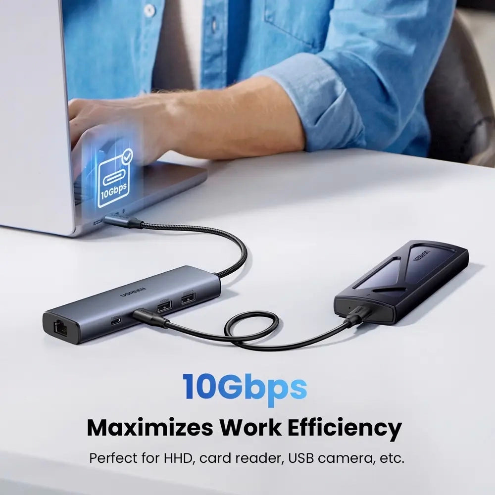 Hub USB-C UGREEN CM512, 1 x USB-A 3.2 - 1 x USB-A - 3 x USB-C - 1 x RJ45, Gris