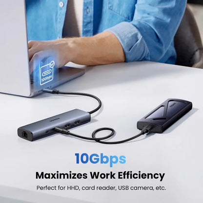 Hub USB-C UGREEN CM512, 1 x USB-A 3.2 - 1 x USB-A - 3 x USB-C - 1 x RJ45, Gris