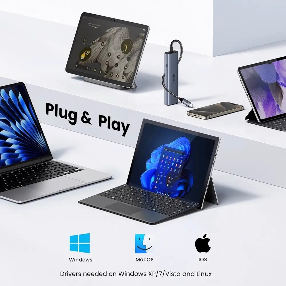 Hub USB-C UGREEN CM512, 1 x USB-A 3.2 - 1 x USB-A - 3 x USB-C - 1 x RJ45, Gris