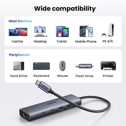 Hub USB-C UGREEN CM512, 1 x USB-A 3.2 - 1 x USB-A - 3 x USB-C - 1 x RJ45, Gris