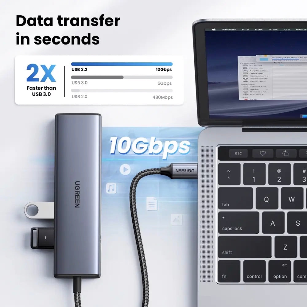 Hub USB-C UGREEN CM512, 1 x USB-A 3.2 - 1 x USB-A - 3 x USB-C - 1 x RJ45, Gris