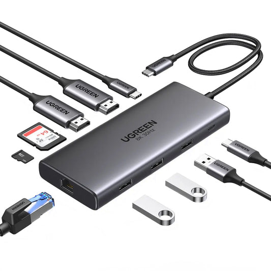 Hub USB-C UGREEN Revodok Pro 210 CM639, 1 x USB-A 3.0 - 2 x USB-A - 2 x USB-C - 2 x HDMI - 1 x RJ45 - 1 x SD - 1 x microSD, Gris
