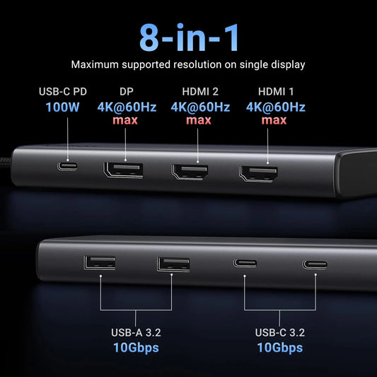Hub USB-C UGREEN Revodok 308 CM639, 2 x USB-A 3.2 - 3 x USB-C - 1 x Display Port - 2 x HDMI, Gris