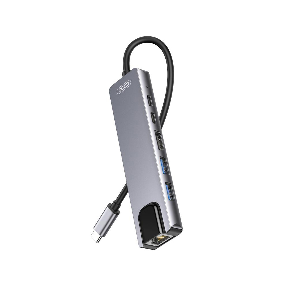 Hub USB-C XO Design HUB013, 1 x USB-A - 1 x USB-A 3.0 - 2 x USB-C - 1 x HDMI - 1 x RJ45, Gris