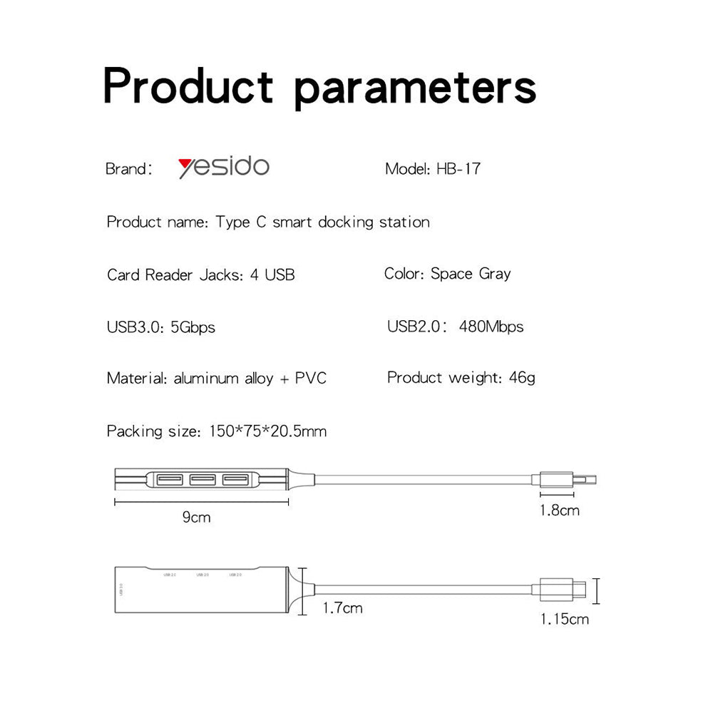 Hub USB-C Yesido HB17, 4 en 1, Gris