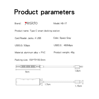 Hub USB-C Yesido HB17, 4 en 1, Gris