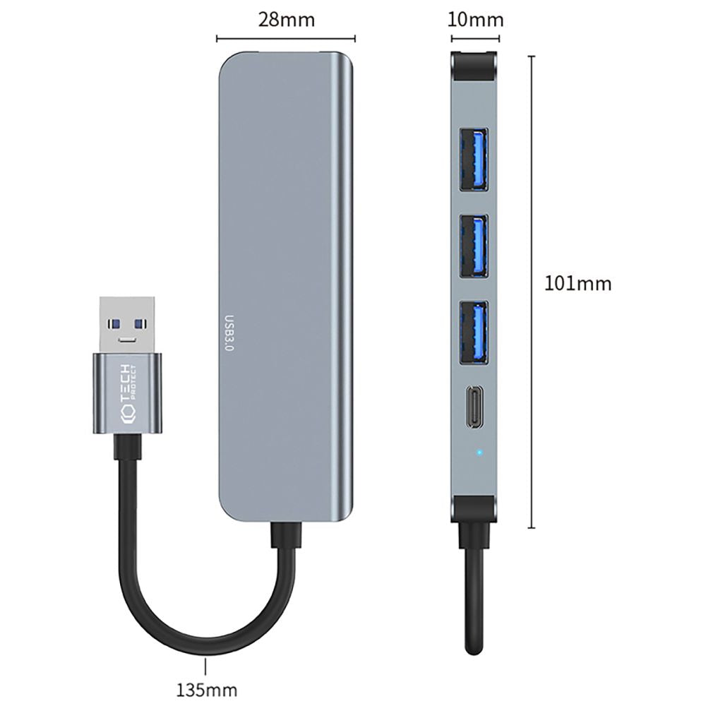 Concentrador USB Tech-Protect V0, 3 x USB-A 3.0 - 1 x USB-A - 1 x USB-C, Gris