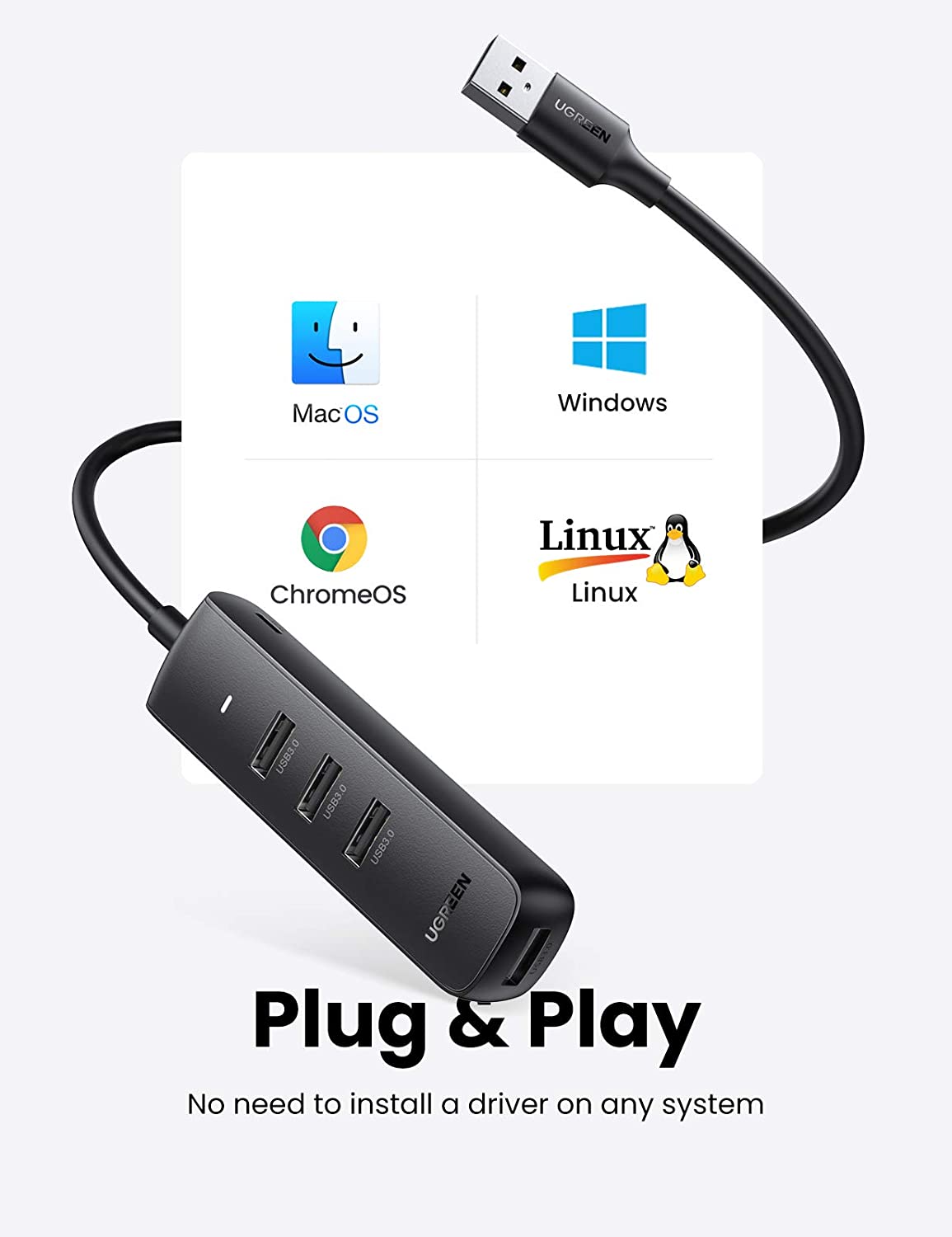 Hub USB UGREEN CM416, 4 x USB-A 3.0, 1m, Negro