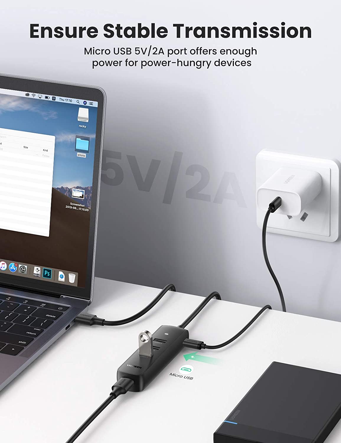 Hub USB UGREEN CM416, 4 x USB-A 3.0, 1m, Negro